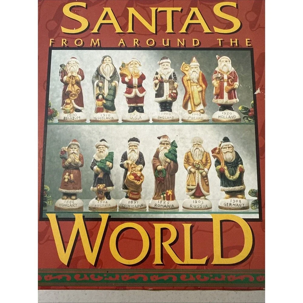 Vintage Set Of Santas From Around the World Porcelain  Handpainted 12 Set w/ Box